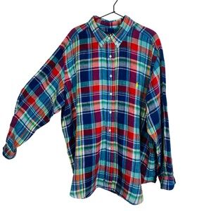 Ralph Lauren Mens 2XB Big 100% Linen Blue and Red Plaid Long Sleeve